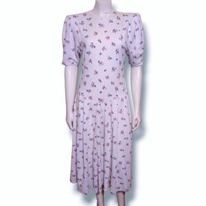 Vtg Paquette Too Floral Drop Waist Dress-Size 10-Modest-Shoulder Pads-Cottage